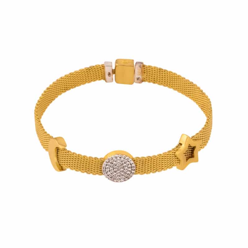 Bransoletka płaska z żółtego złota z cyrkoniami i błyszczącymi zawieszkami 70018