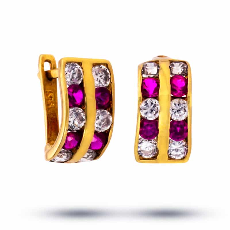 Kolczyki dziecięce złote z białymi i różowymi cyrkoniami na zapięciu angielskim 62409