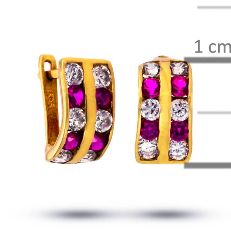 Kolczyki dziecięce złote z białymi i różowymi cyrkoniami na zapięciu angielskim 62409