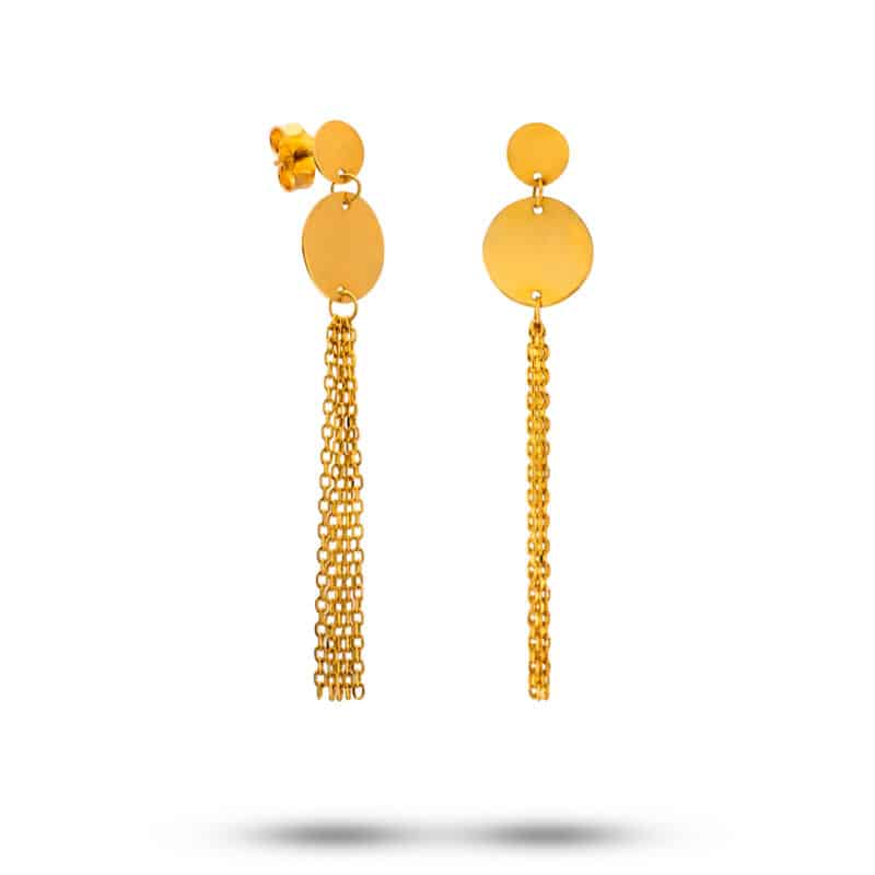 Kolczyki wiszące blaszki z diamentowanymi łańcuszkami z żółtego złota na sztyfcie 76091