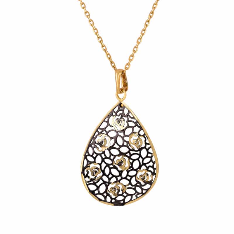 Zawieszka pofalowana z żółtego złota- oksydowana ażurowa łezka 56126