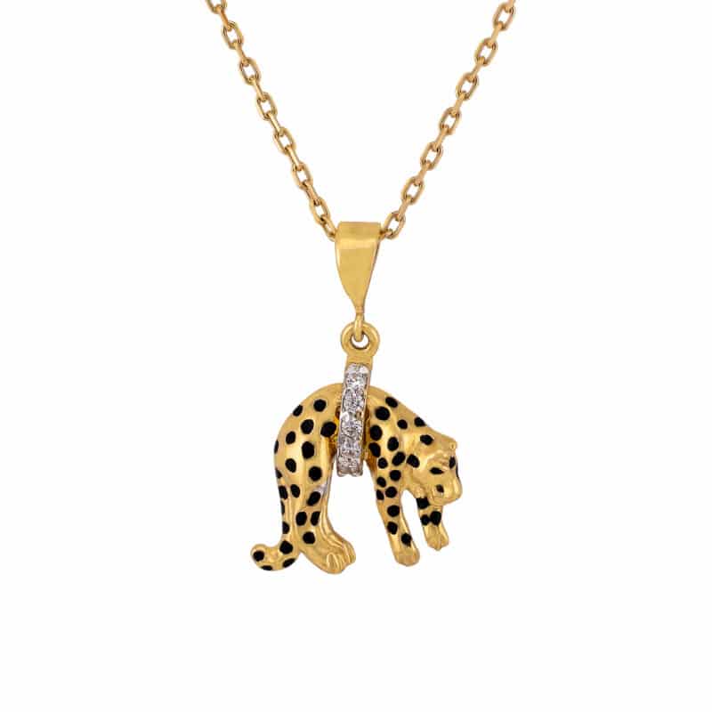 Zawieszka z żółtego złota z cyrkoniami i czarną emalią - puma 77078