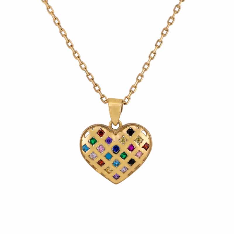 Zawieszka z żółtego złota serduszko z kolorowymi cyrkoniami 77079
