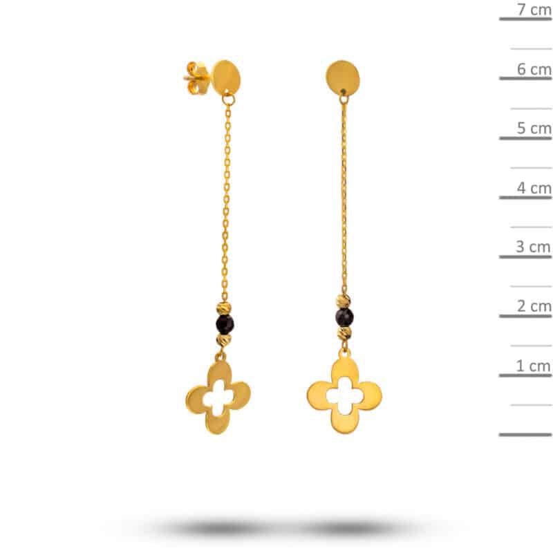 Kolczyki wiszące z żółtego złota na łańcuszku z koniczynką i czarnymi cyrkoniami 80131