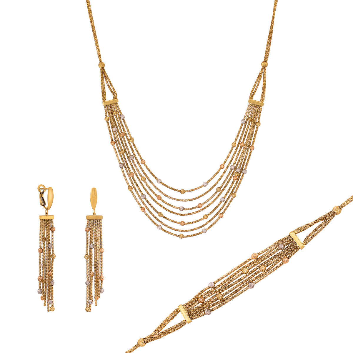 jubiler-jubiler Złoty komplet z żółtego białego i różowego złota z diamentowanymi kuleczkami 80025