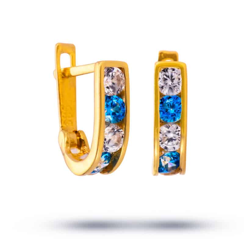 Kolczyki dziecięce złote z białymi i niebieskimi cyrkoniami na zapięciu angielskim 80233