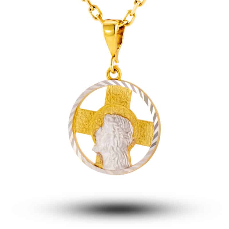 Medalik z żółtego i białego złota Pan Jezus na tle krzyża 05629