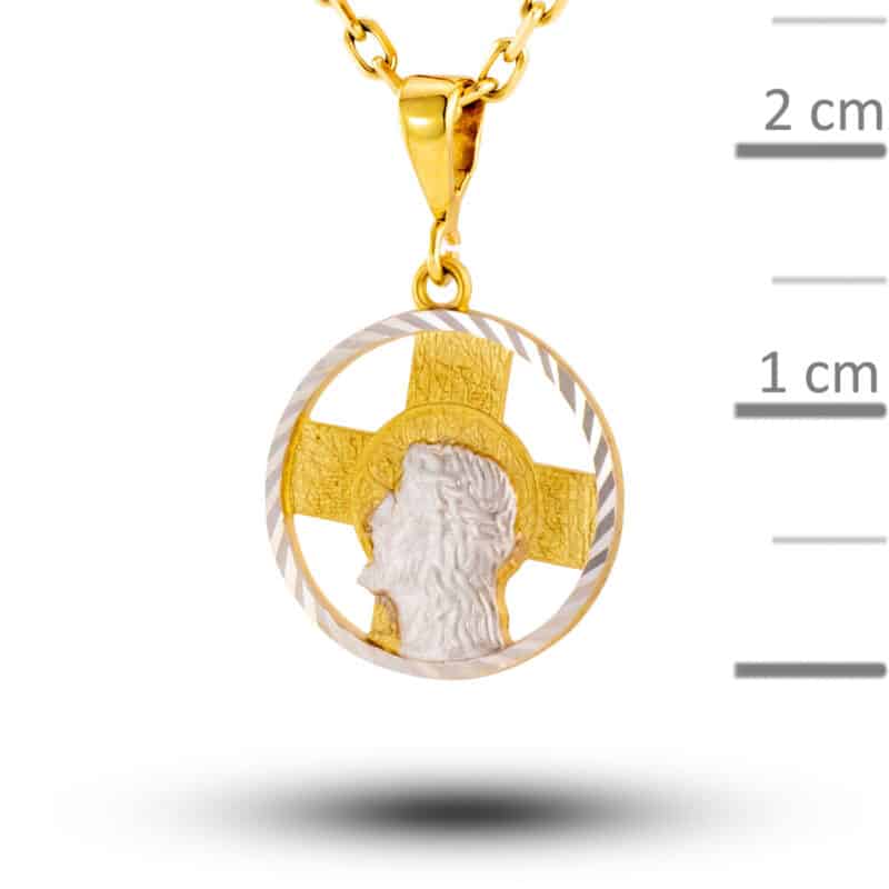 Medalik z żółtego i białego złota Pan Jezus na tle krzyża 05629