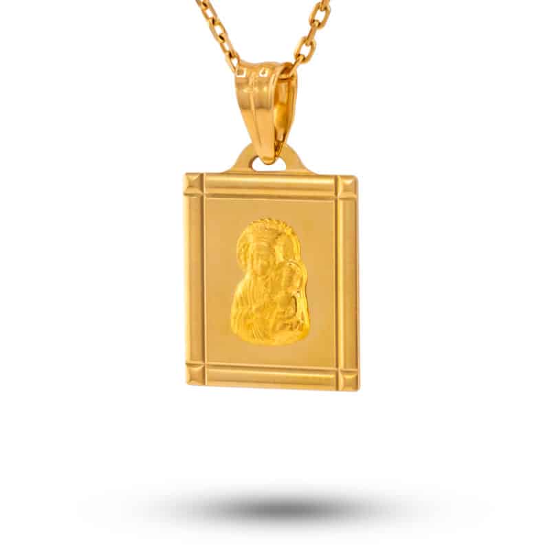 Medalik z żółtego złota Matka Boska Częstochowska w prostokącie z matem 81208