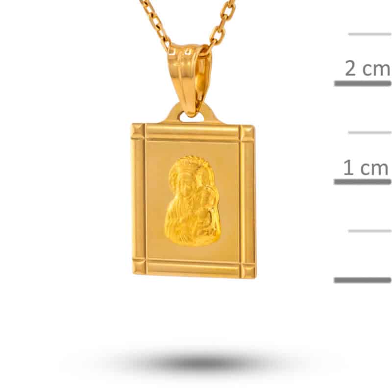 Medalik z żółtego złota Matka Boska Częstochowska w prostokącie z matem 81208