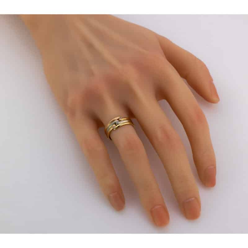 Pierścionek obrączkowy z cyrkoniami z białego żółtego i różowego złota 54756