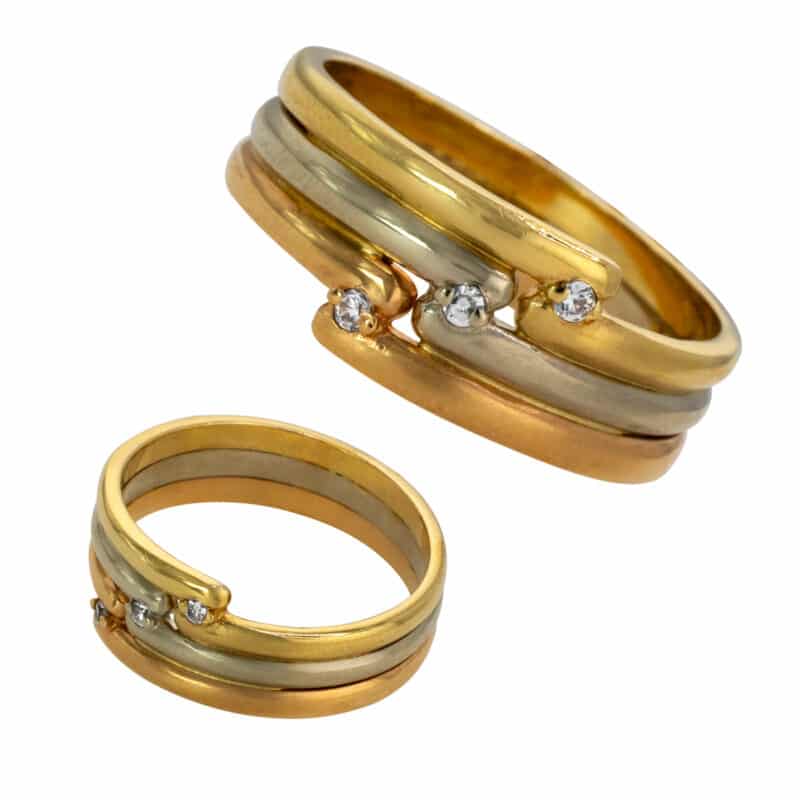 Pierścionek obrączkowy z cyrkoniami z białego żółtego i różowego złota 54756