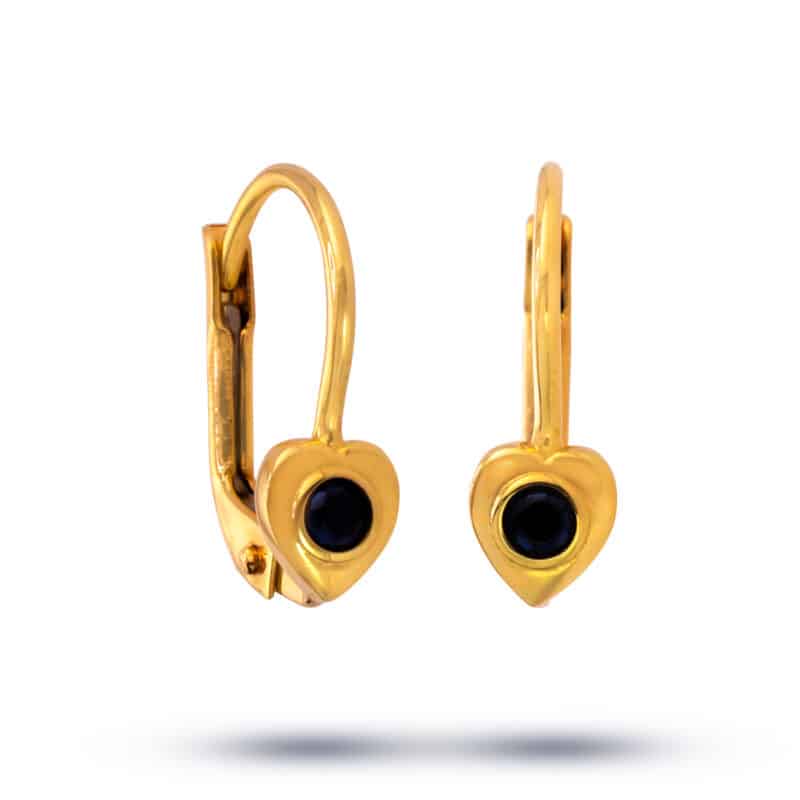 Kolczyki dziecięce złote z czarną cyrkonią na francuskim zamku- serce 79835