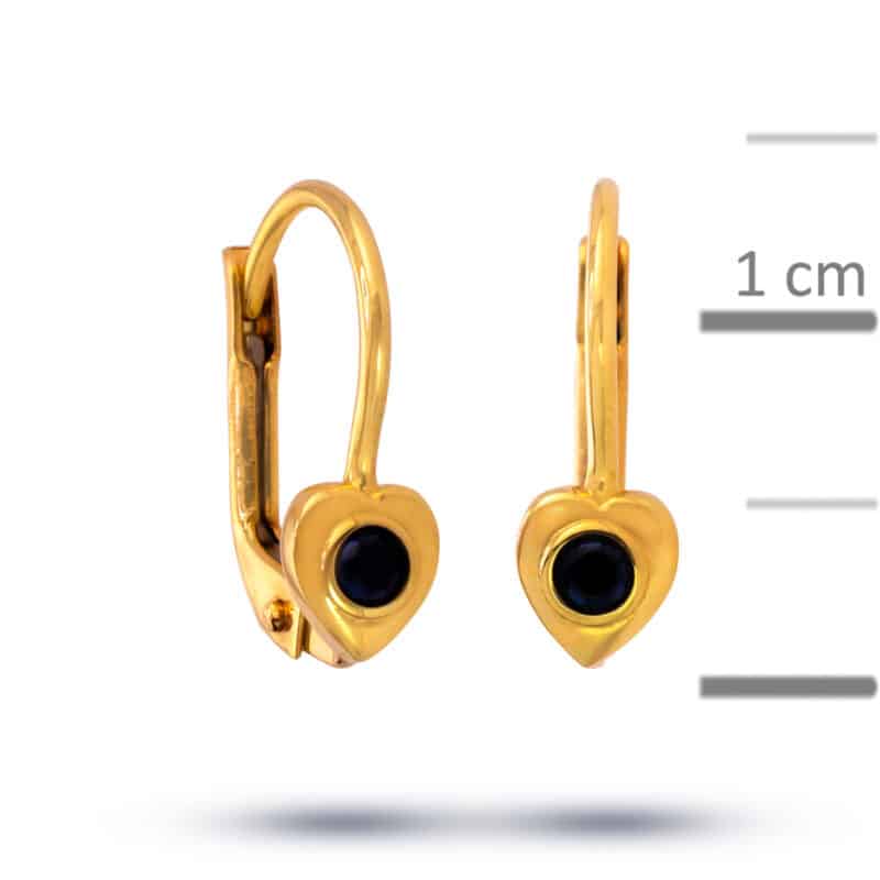 Kolczyki dziecięce złote z czarną cyrkonią na francuskim zamku- serce 79835