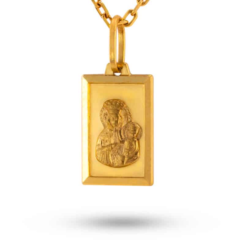 Medalik z żółtego złota Matka Boska Częstochowska w prostokącie z matem 81385