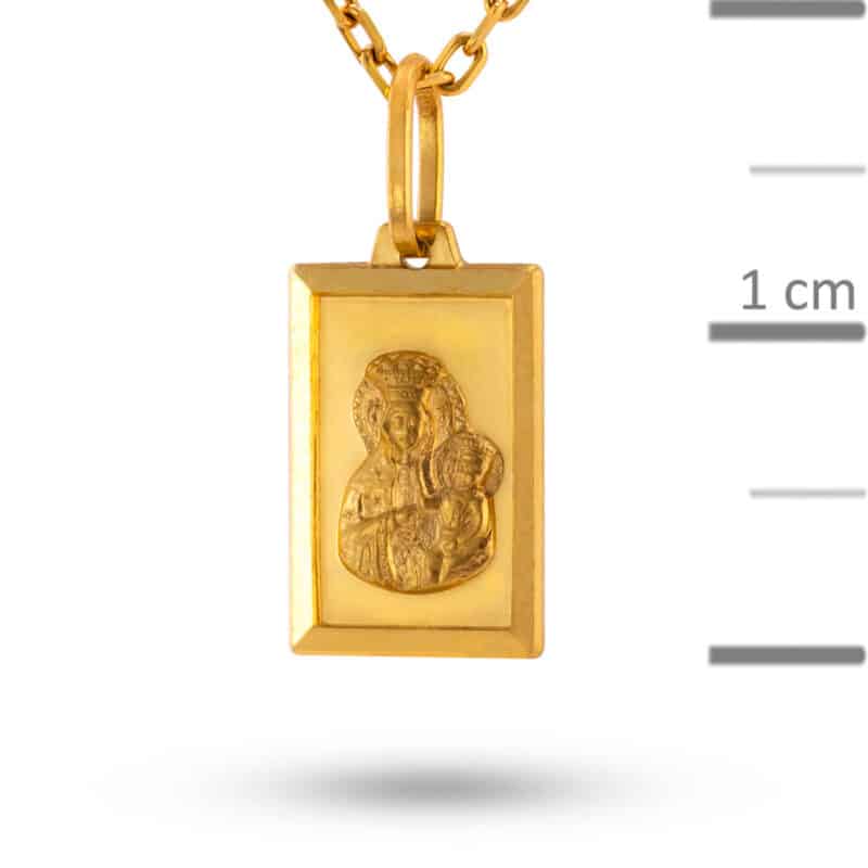 Medalik z żółtego złota Matka Boska Częstochowska w prostokącie z matem 81385