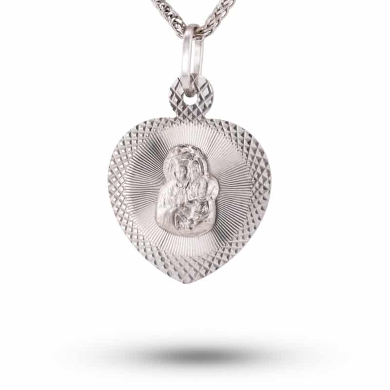 Medalik z białego złota Matka Boska Częstochowska w diamentowanym sercu 81386
