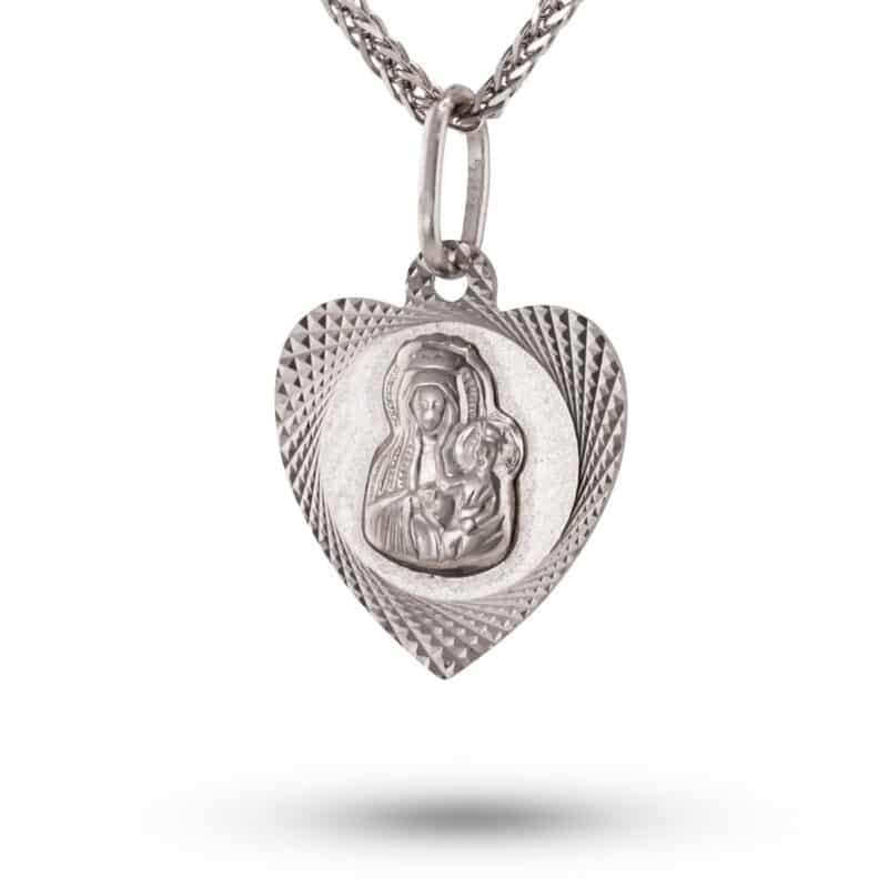 Medalik z białego złota Matka Boska Częstochowska w diamentowanym sercu 81392