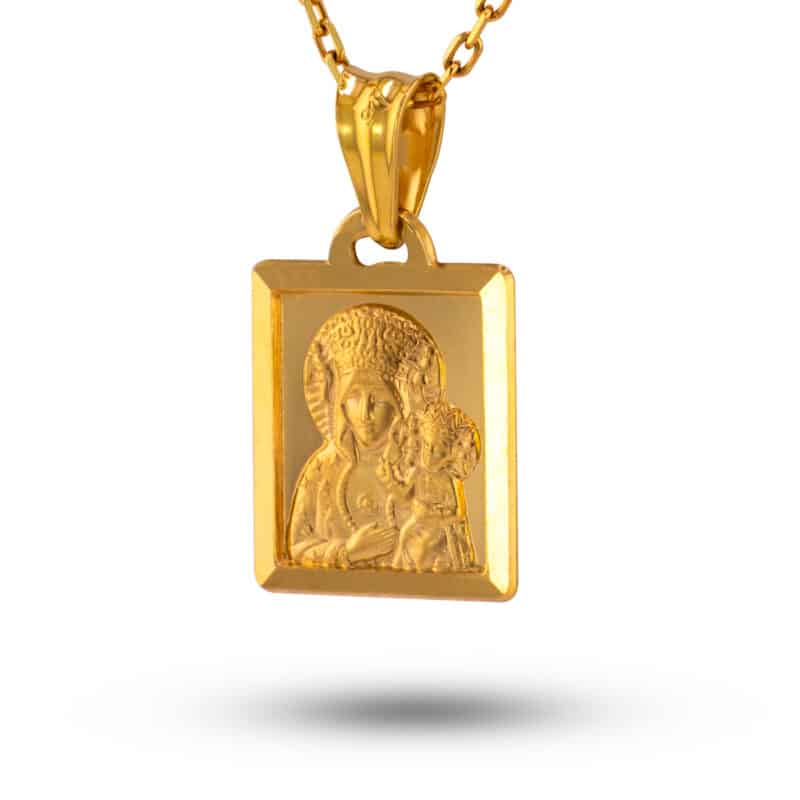 Medalik z żółtego złota Matka Boska Częstochowska w prostokącie z matem 81395