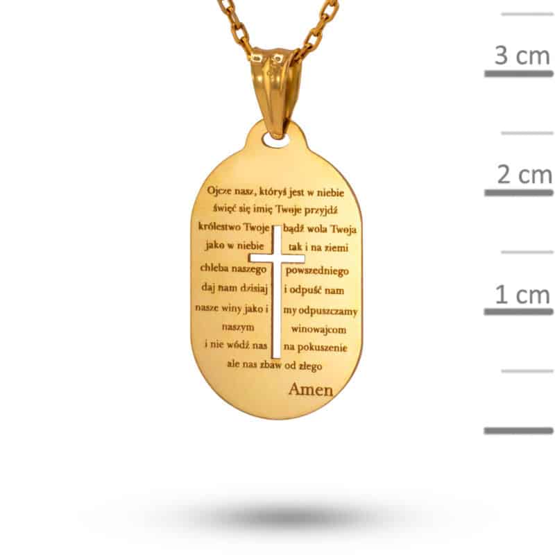 Blaszka zaokrąglona prostokątna z żółtego złota z modlitwą 81413