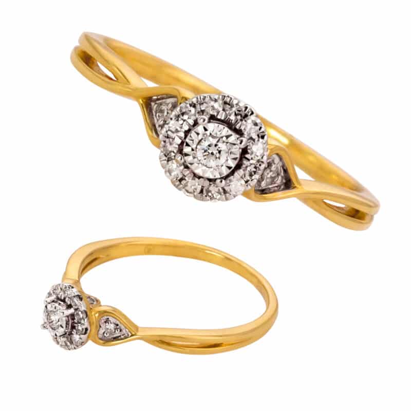 Pierścionek z brylantami z żółtego złota o finezyjnej formie zdobiony na brzegach serduszkami 0,14ct 81887