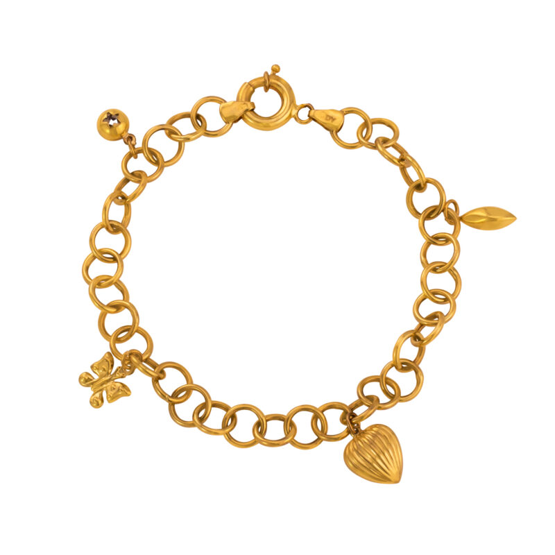 Bransoletka z żółtego złota z ogniw z zawieszkami serce, motyl i łezka 76335