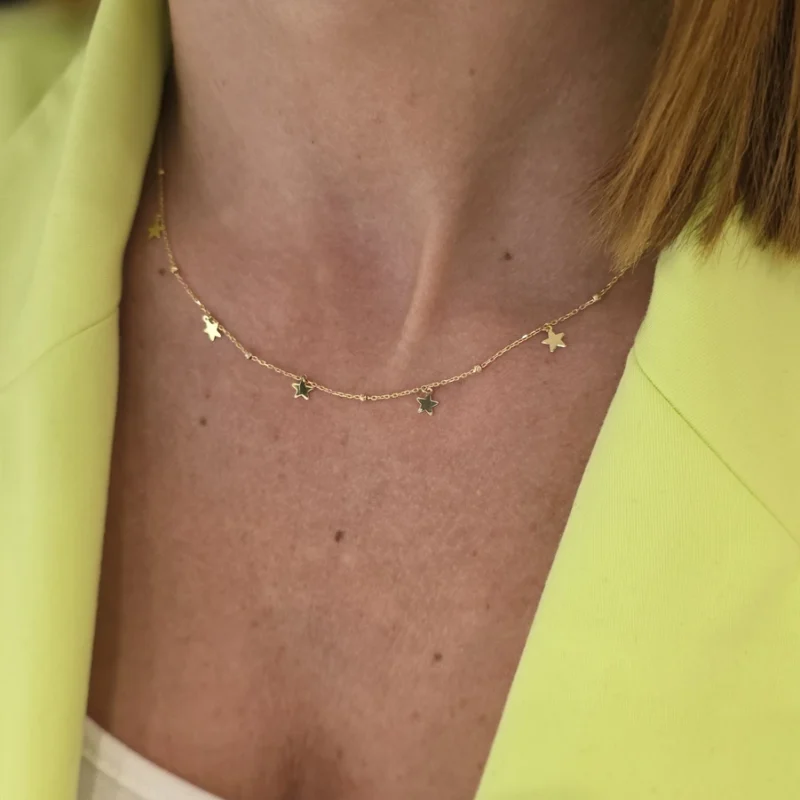 Naszyjnik z żółtego złota- diamentowany kuleczki z gwiazdkami 81845