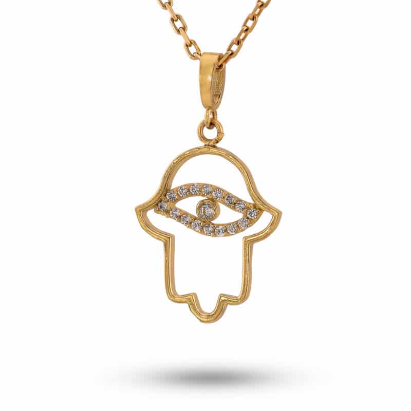 Zawieszka z żółtego złota ręka Fatimy z okiem proroka z cyrkoniami 82628