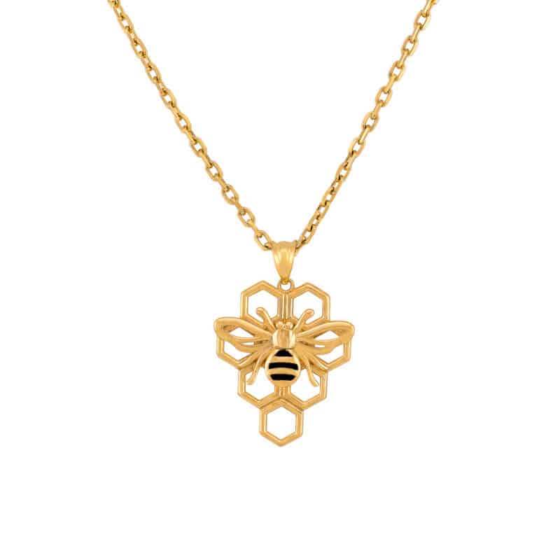 Zawieszka z żółtego złota pszczoła z czarną emalią na plastrze miodu 81439