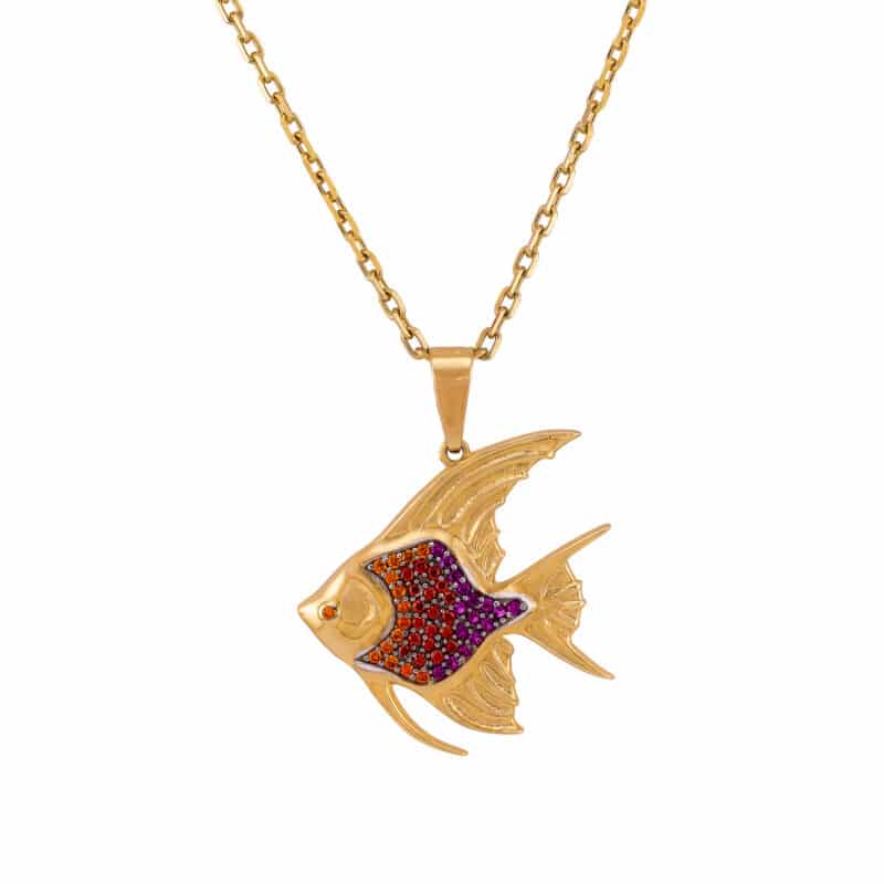 Zawieszka z żółtego złota z kolorowymi cyrkoniami- rybka 82370