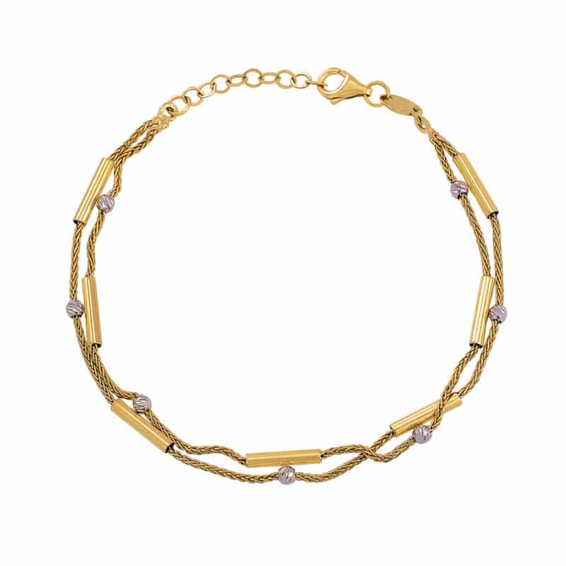 Bransoletka z żółtego i białego złota z patyczkami i diamentowanymi kuleczkami 83214