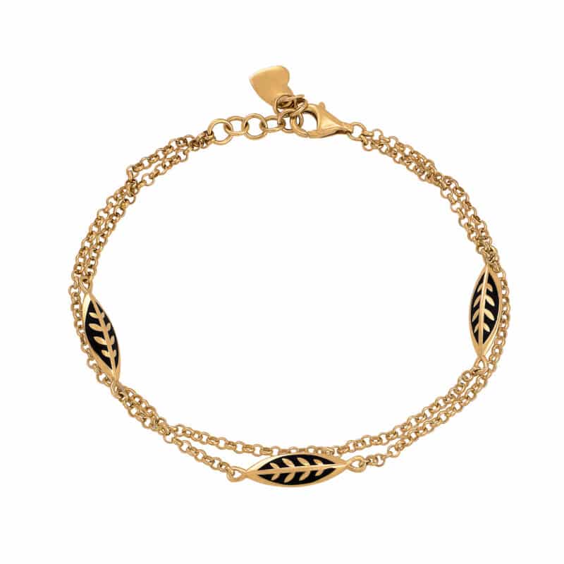 Bransoletka na podwójnym łańcuszku z żółtego złota z podłużnymi elementami i czarną emalią 83313