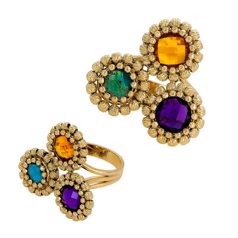 Pierścionek z żółtego złota i kolorowymi kamieniami ozdobione diamentowanymi kuleczkami 83188