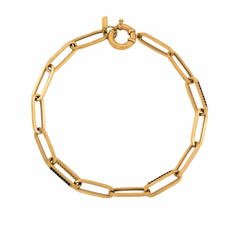 Bransoletka z żółtego złota z podłużnymi ogniwkami i czarnymi cyrkoniami 77117