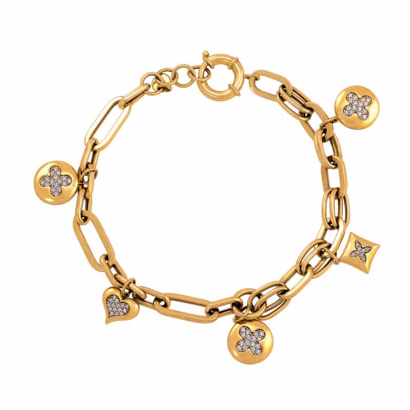 Bransoletka z żółtego złota z podłużnymi ogniwkami i wiszącymi zawieszkami ozdobionymi białymi cyrkoniami 82411