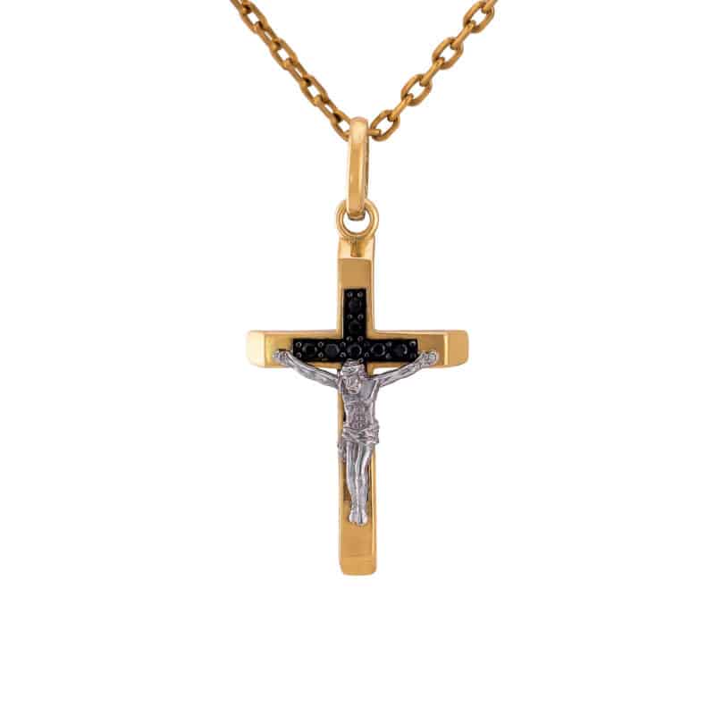 Krzyżyk z żółtego i białego złota z Pasyjką i czarnymi cyrkoniami 83229