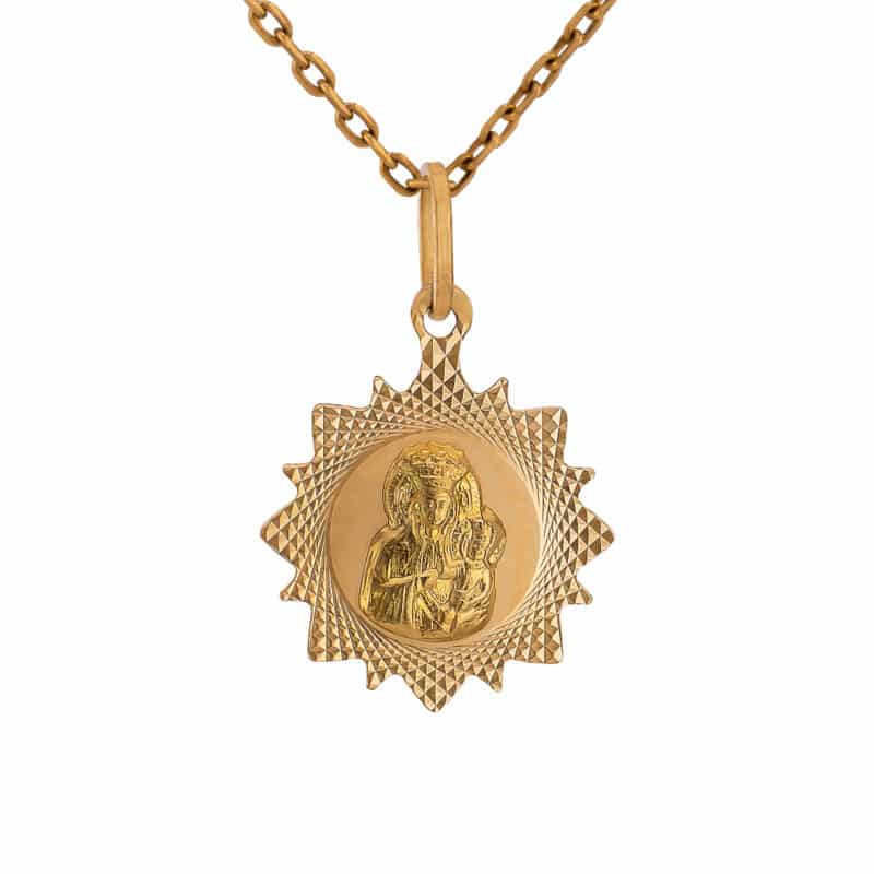 Medalik z żółtego złota Matka Boska Częstochowska diamentowana z dodatkiem matu 83293