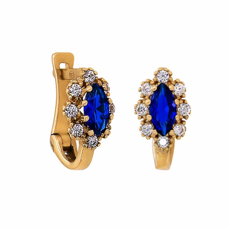 Kolczyki dziecięce złote kwiatki z białą i granatową cyrkonią na zapięciu angielskim 83480