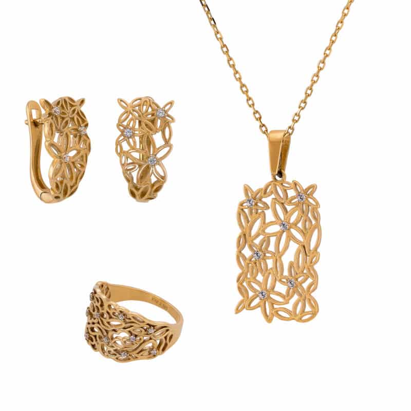 Złoty ażurowy komplet z żółtego złota z cyrkoniami 83680
