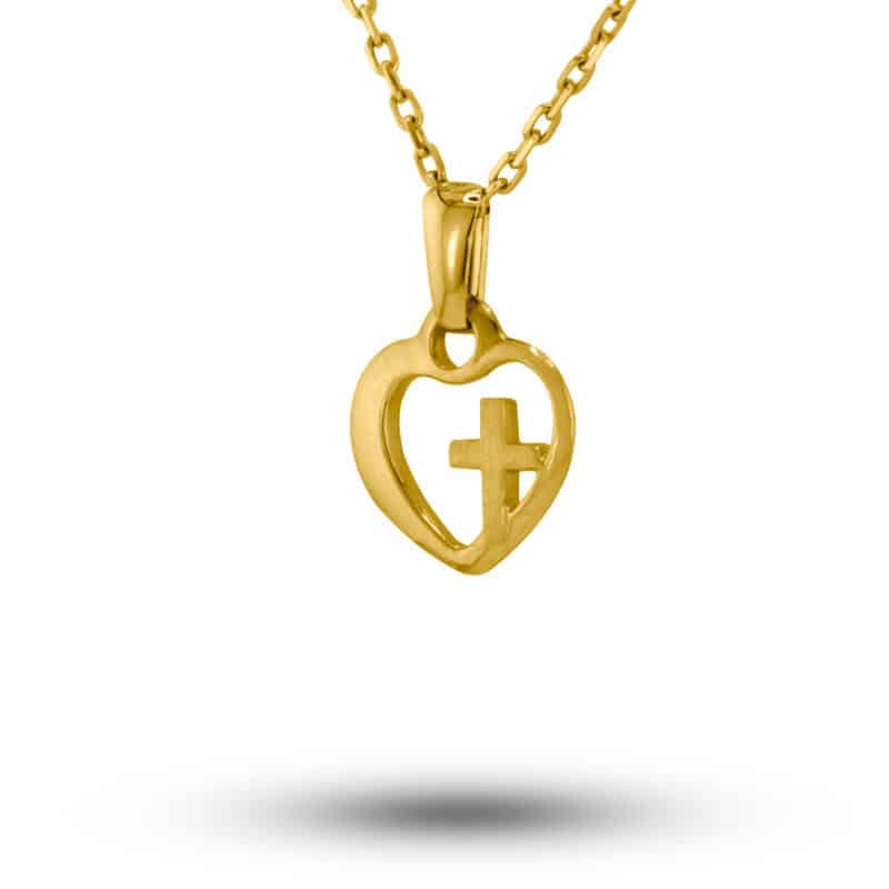 Medalik z żółtego złota z matowym krzyżykiem w sercu 83762