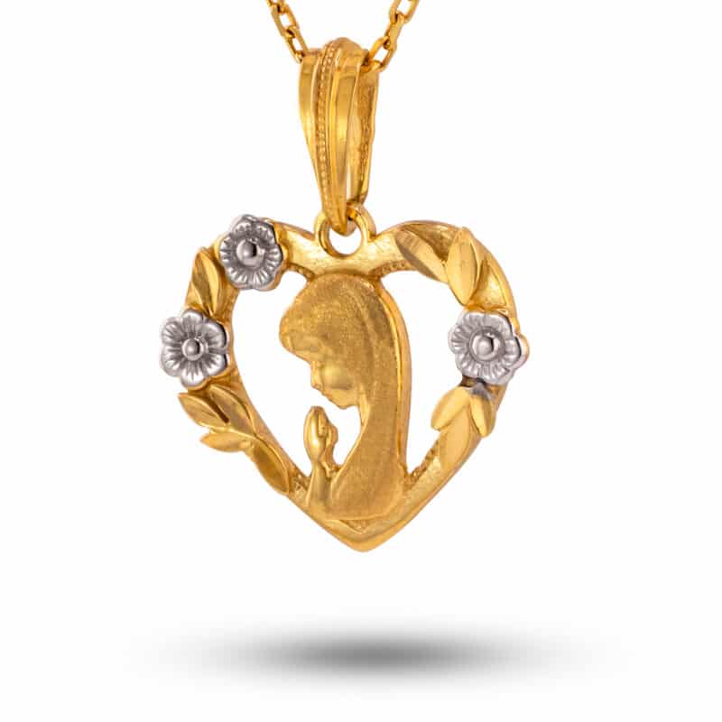 Medalik z żółtego i białego złota Matka Boska Modląca w zdobionym sercu z dodatkiem matu 83733