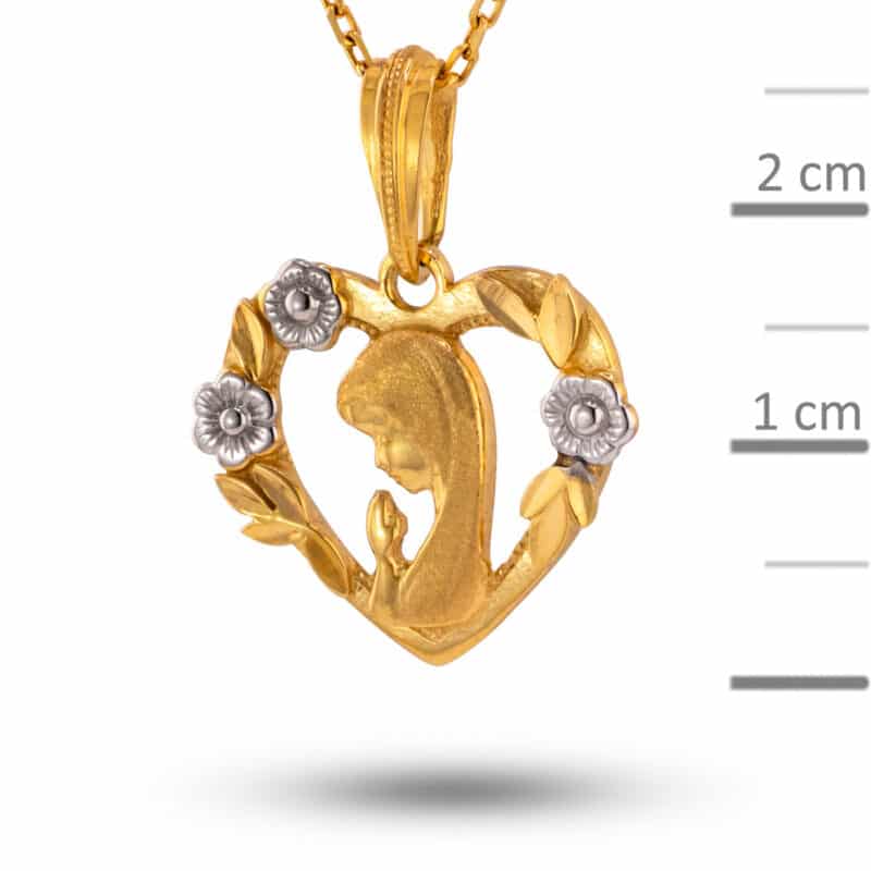 Medalik z żółtego i białego złota Matka Boska Modląca w zdobionym sercu z dodatkiem matu 83733