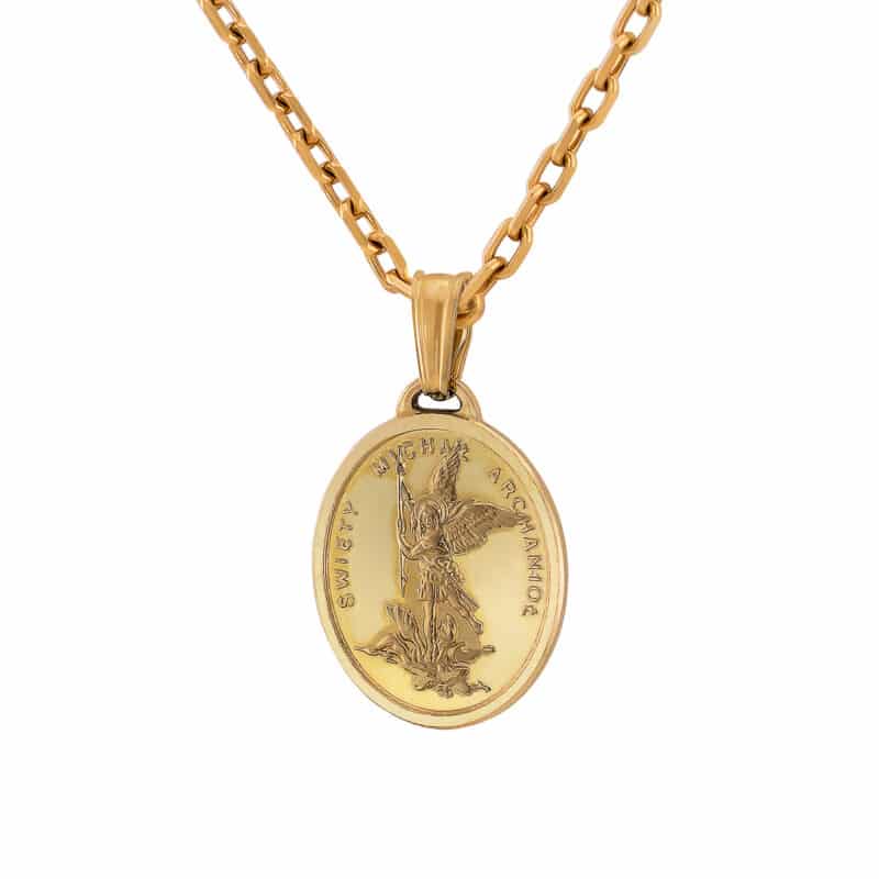 Medalik z żółtego złota Święty Michał Archanioł w owalu z dodatkiem matu 83492