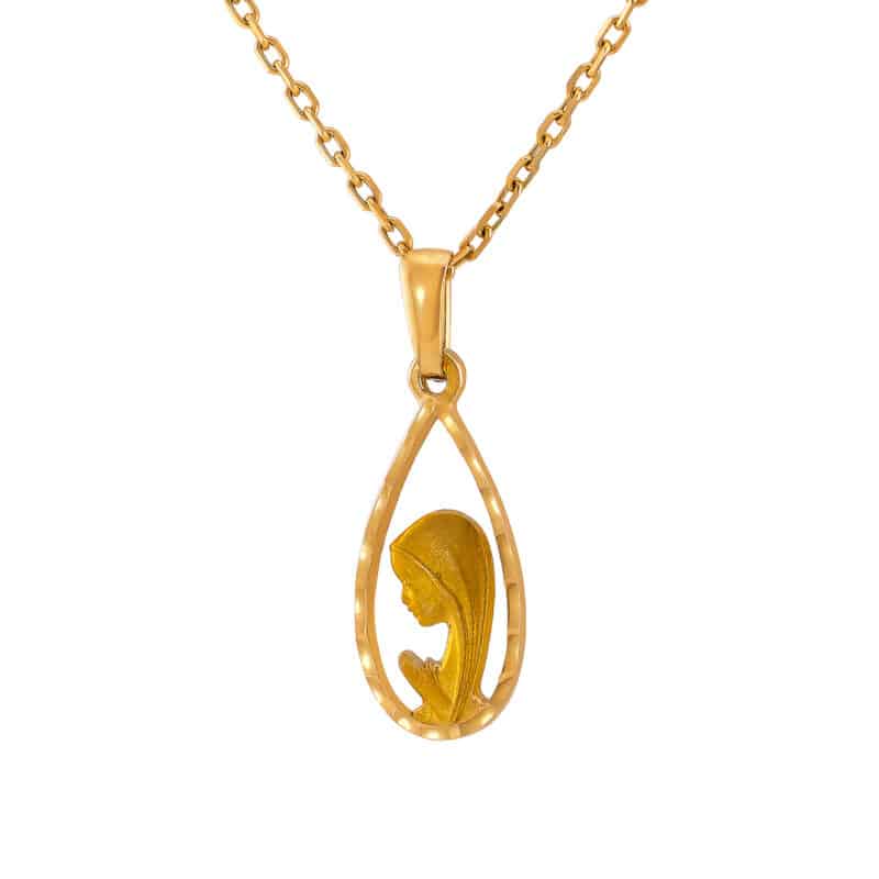 Medalik z żółtego złota Matka Boska Modląca z matem w diamentowanej łezce 83709