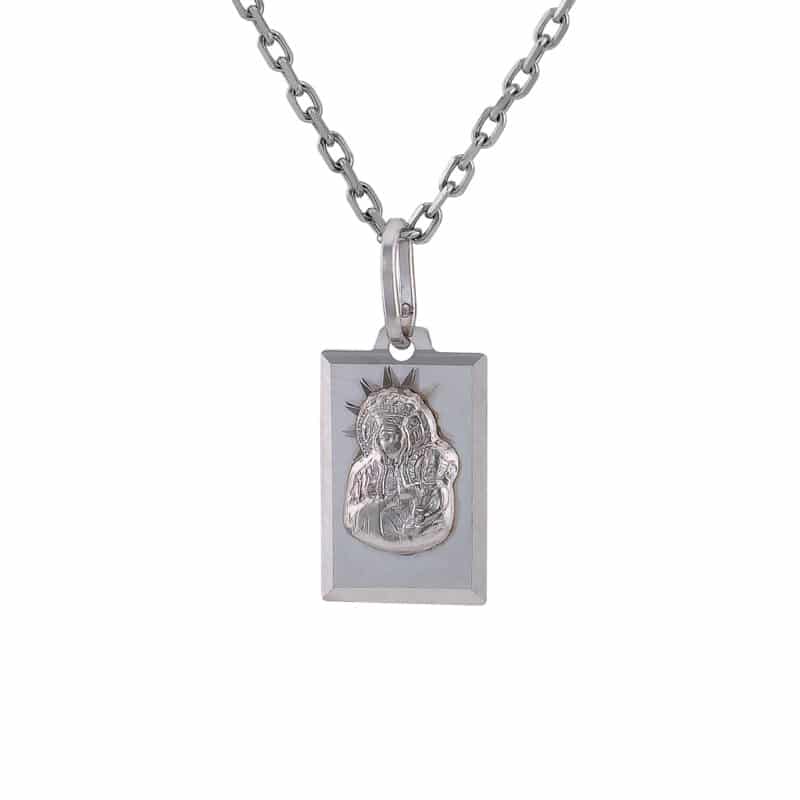 Medalik z białego złota Matka Boska Częstochowska w kwadratowej oprawie w połysku 83700