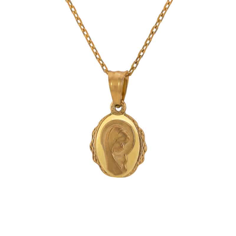 Medalik z żółtego złota Matka Boska w owalu z matem i diamentowanymi brzegami 83719