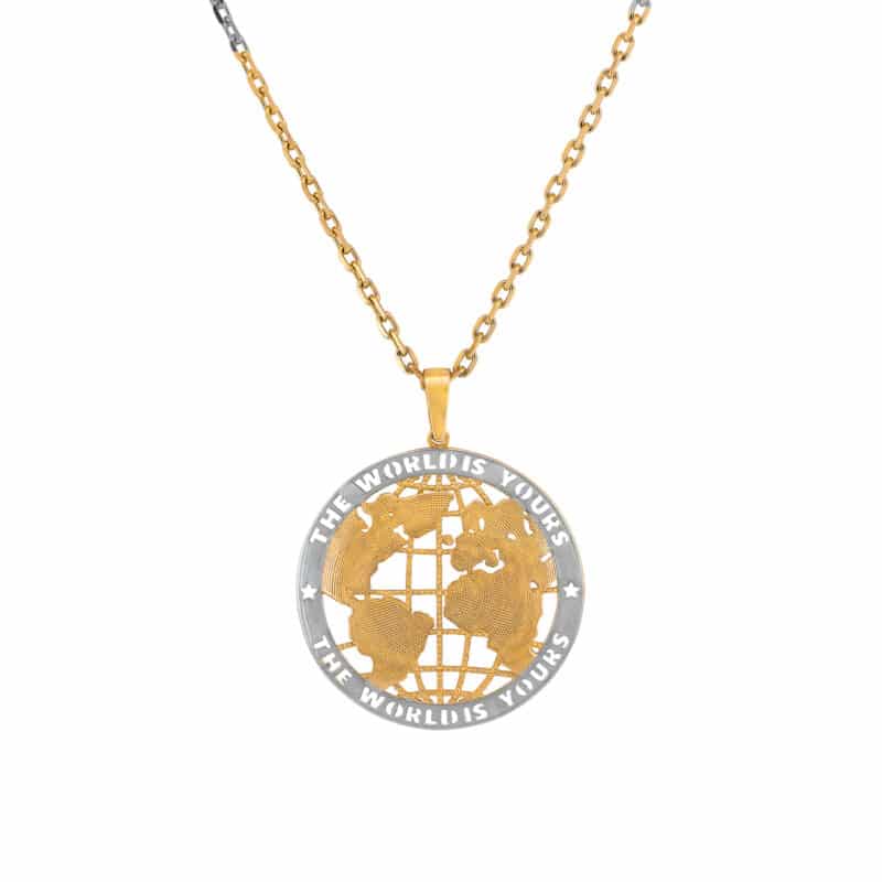 Zawieszka z żółtego i białego złota- mapa świata w ażurowym kole 83800