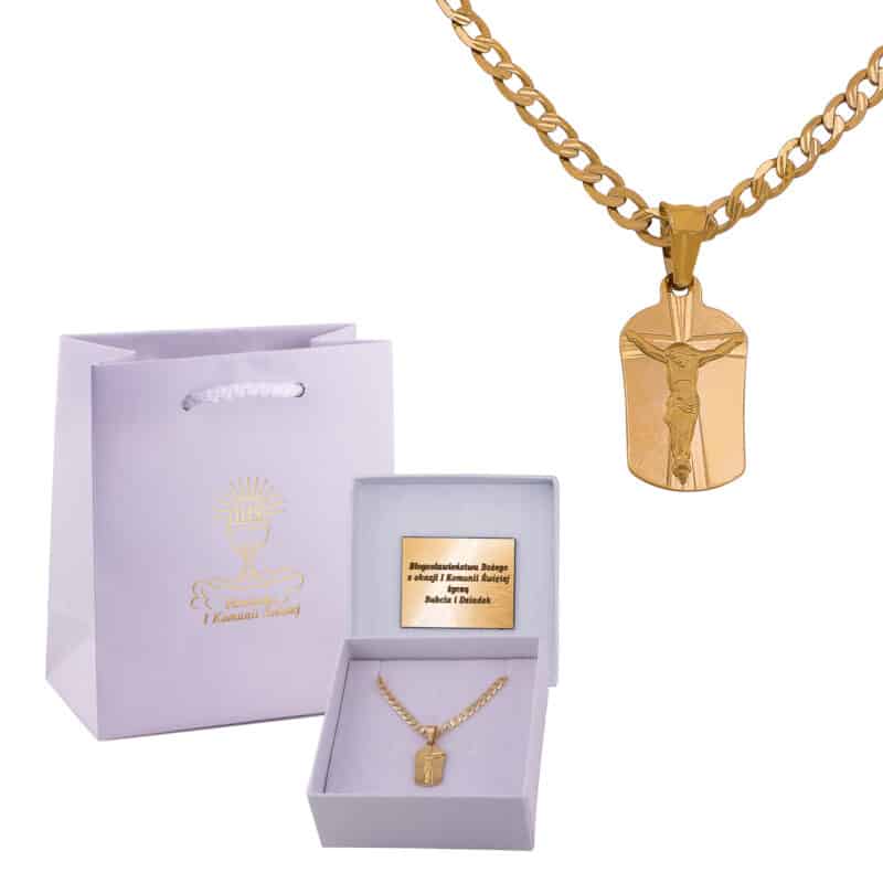 Złoty komplet łańcuszek z krzyżykiem na blaszce – 82462, 81204