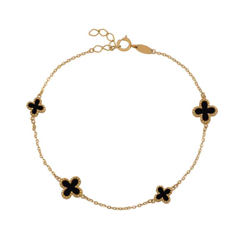 Bransoletka z żółtego złota z marokańskimi koniczynkami i czarną emalią 84081