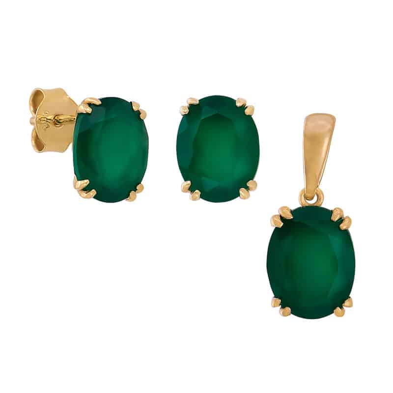 Komplet z żółtego złota z zielonym agatem 84446, 84438